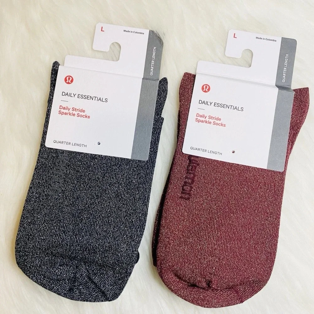 Lululemon Daily Stride Sparkle Quarter Sock Women L Lot 2 Black Silver Red Gold